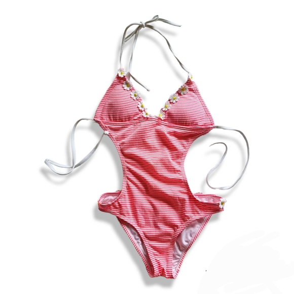 Y2k bright pink + white horizontal stripe daisy cut out one piece swimsuit - Picture 6 of 8